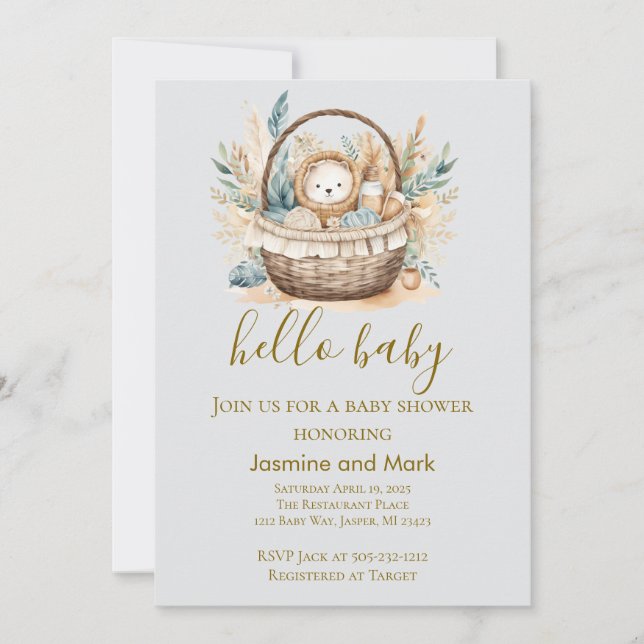Invitación Hola Bebé Boho Cesta de Oso Neutral (Anverso)