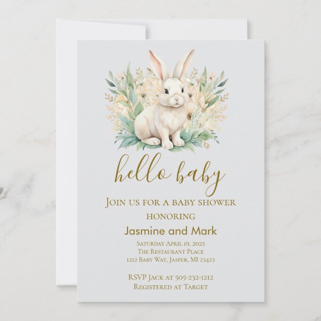 Invitación Hola Bebé Boho Neutral Conejo  (Anverso)