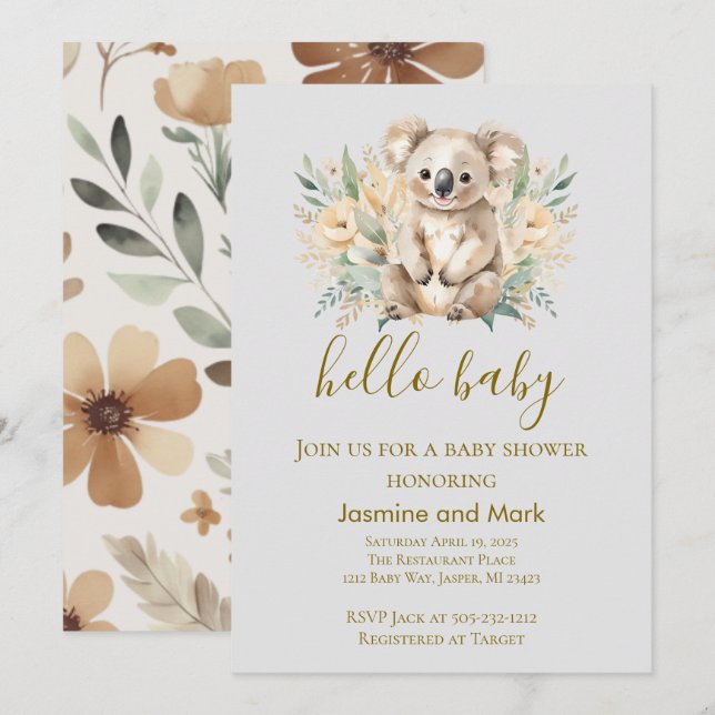 Invitación Hola Bebé Boho Neutral Koala Oso (Anverso / Reverso)