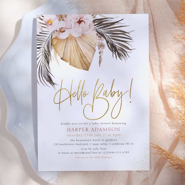 Invitación Hola Bebé | Boho Pampas Grass & Palma Tropical (Subido por el creador)