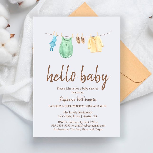 Invitación Hola Bebé Boho Ropa Línea Baby Shower Invita (Subido por el creador)