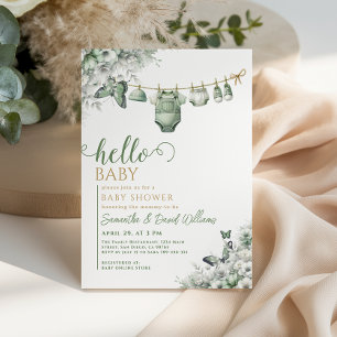 Invitación Hola Bebé Cumpleaños Botánico Verde Sage