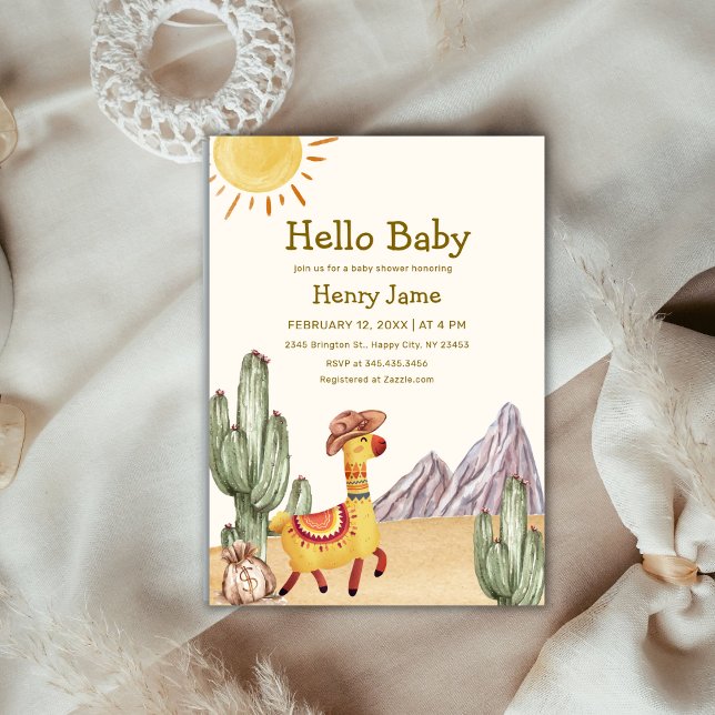 Invitación Hola Bebé Deert Cactus Llama Cowboy Baby Shower (Hello Baby Desert Cactus Llama Cowboy Baby Shower Invitation)