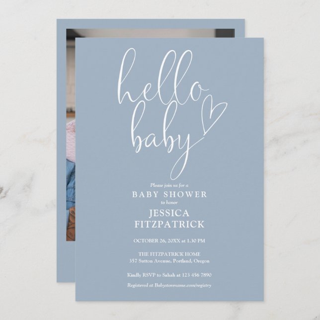 Invitación Hola bebé Dusty Blue Boy Foto Baby Shower (Anverso / Reverso)