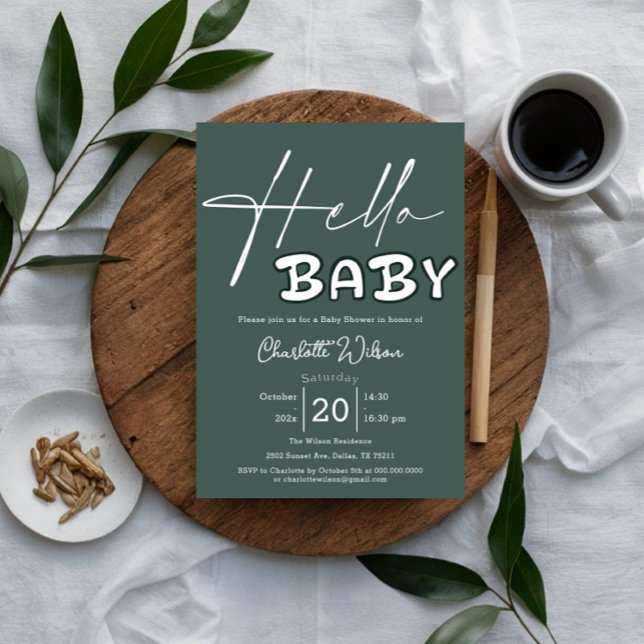 Invitación Hola Bebé Elegante Ducha de Bebé Verde Oscuro (Subido por el creador)