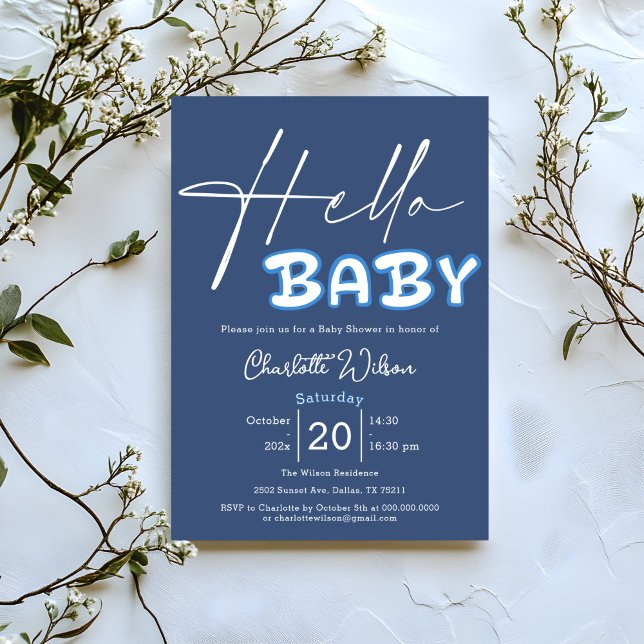 Invitación Hola Bebé Elegante Fiesta de Bebé Azul Oscuro (Subido por el creador)