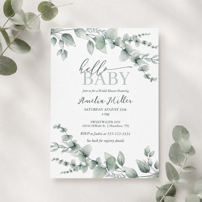 Invitación Hola Bebé Eucalipto Verdor Fiesta de Bebé Neutral (Hello Baby Eucalyptus Greenery Neutral Baby Shower Invitation)