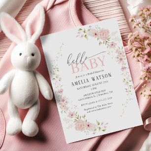 Invitación Hola Bebé Fiesta de Bebé Floral Rosa Claro