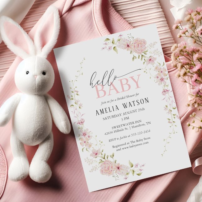 Invitación Hola Bebé Fiesta de Bebé Floral Rosa Claro (Hello Baby Blush Pink Floral Baby Shower Invitation)