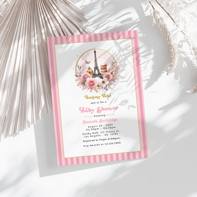Invitación Hola Bebé Fiesta de Bienvenida de Bebe al Estilo P (Bonjour Bébé Parisian Baby Shower Invitation)