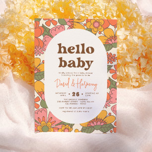 Invitación Hola Bebé Flores Retro Groovy Boho Fiesta de Beb