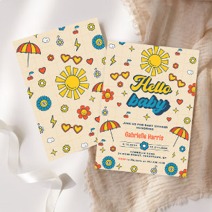Invitación Hola bebé Groovy Retro Daisy Fiesta de Baby Shower