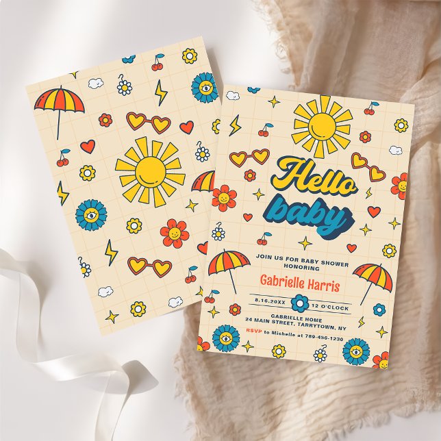 Invitación Hola bebé Groovy Retro Daisy Fiesta de Baby Shower (Subido por el creador)