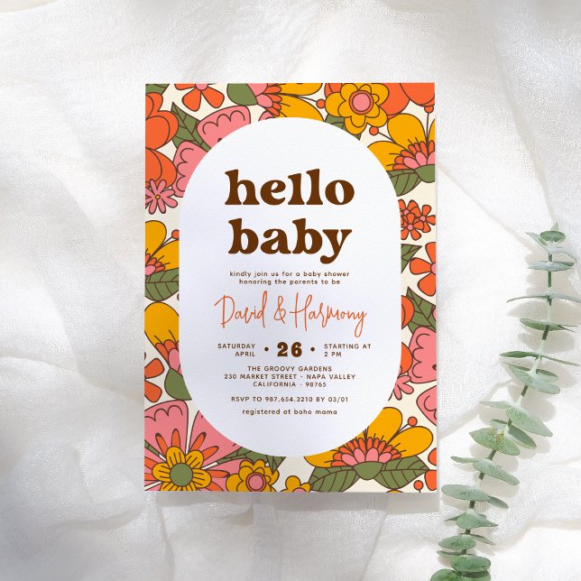 Invitación Hola, bebé | Groovy Retro Flowers Boho Baby Shower (Subido por el creador)