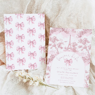 Invitación Hola bebé Lazo rosa Toile de jouy baby shower
