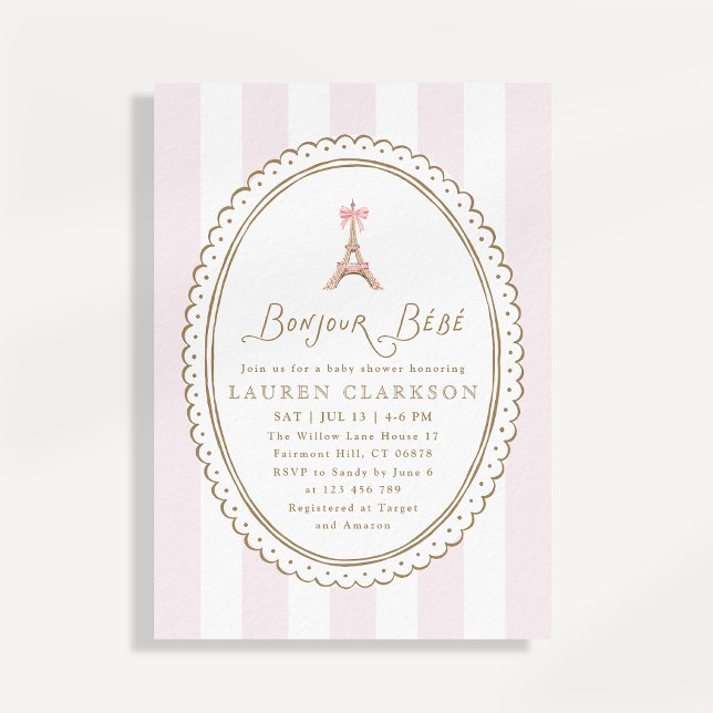 Invitación Hola Bebé Lazo Rosa Torre Eiffel Baby Shower (Subido por el creador)