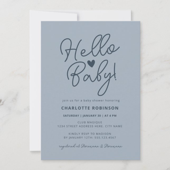 Invitación Hola Bebé Moderno Cute Dusty Blue Boy Baby Shower (Anverso)