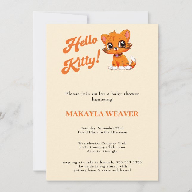 Invitación hola bebé Naranja Script cat Baby Shower (Anverso)