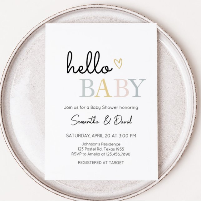 Invitación Hola bebé Neutral Baby Shower Minimalista (Pastel Letters Minimalist Baby Shower Invitation)