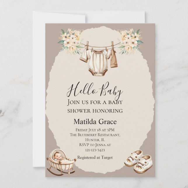 Invitación Hola Bebé Neutral Beige (Anverso)