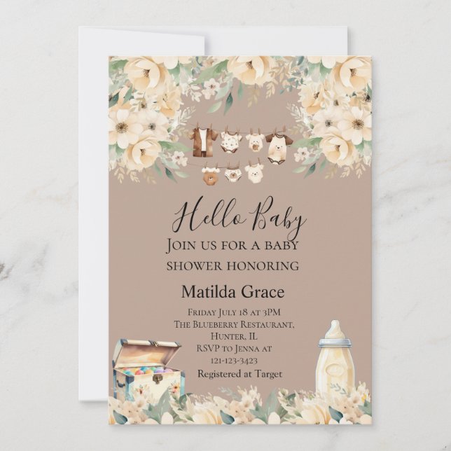 Invitación Hola Bebé Neutral Todo Beige (Anverso)
