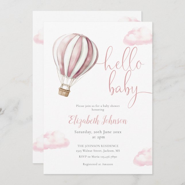 Invitación Hola bebé niña rosa globo aerostático Baby Shower (Anverso / Reverso)