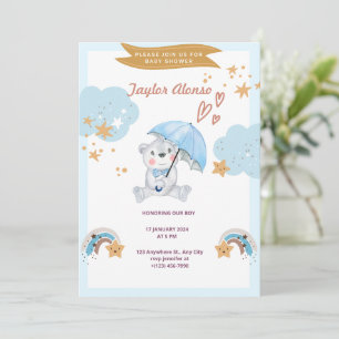 Invitación Hola Bebé Oso de Peluche Azul para Baby Shower