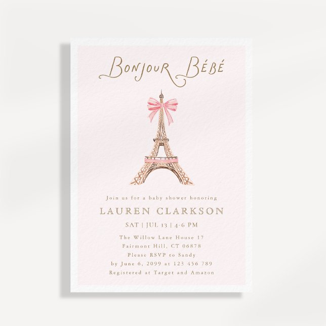 Invitación Hola Bebé París Torre Eiffel Lazo Rosa Bebé Show (Subido por el creador)