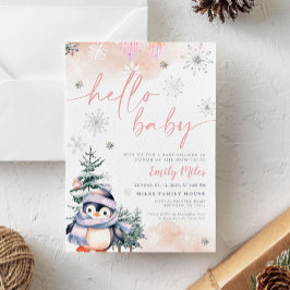 Invitación Hola bebé, penguín de invierno ducha rosa