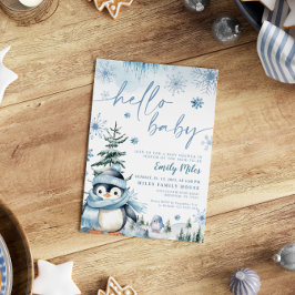 Invitación Hola bebé pingüino, ducha de bebé azul invernal