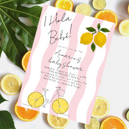 Invitación Hola Bebe Pink Stripes Lemons Girl Baby Shower