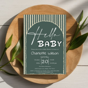 Invitación Hola Bebé Rayas Verde Oscuro Baby Shower