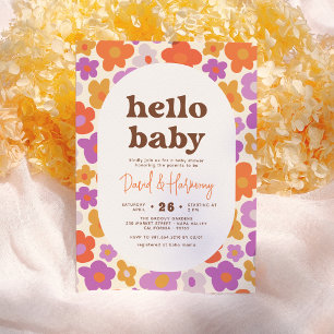 Invitación Hola Bebé Retro Daisy Naranja y Morado Baby Shower