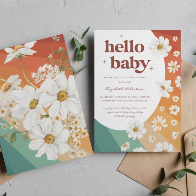 Invitación Hola, bebé | Retro Daisy Rainbow Baby Shower (Subido por el creador)