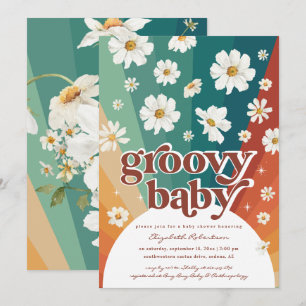 Invitación Hola, bebé   Retro Daisy Rainbow Baby Shower