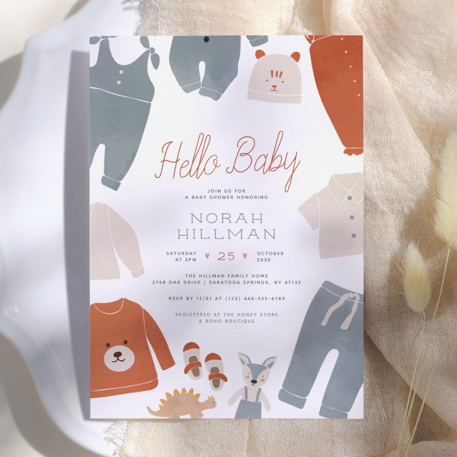 Invitación Hola Bebé | Ropa Boho Azul para Niño Baby Shower (Subido por el creador)