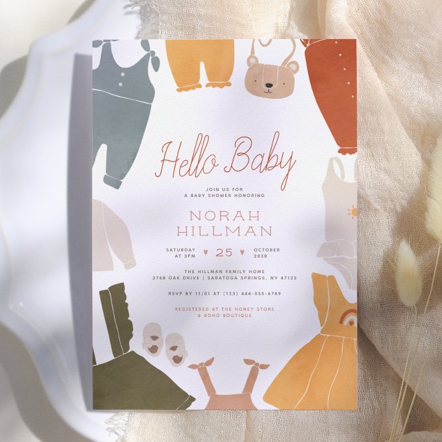 Invitación Hola Bebé | Ropa Boho Monada para Niña Baby Shower (Subido por el creador)