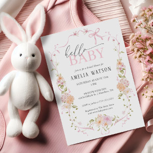 Invitación Hola Bebé Rubor Rosa Floral Rosa Lazo Baby Shower