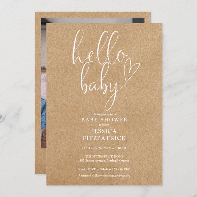 Invitación Hola bebé Rustic Kraft Photo Baby Shower (Anverso / Reverso)