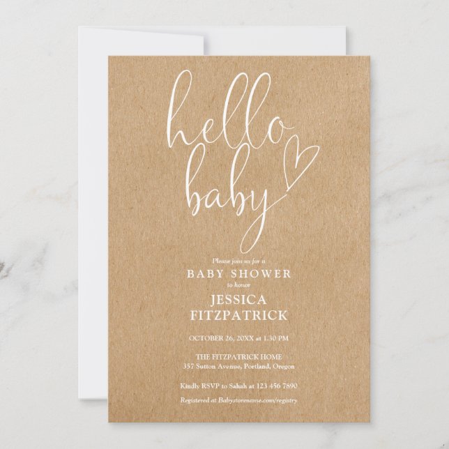 Invitación Hola Bebé Rustic Kraft Todo En Un Baby Shower (Anverso)
