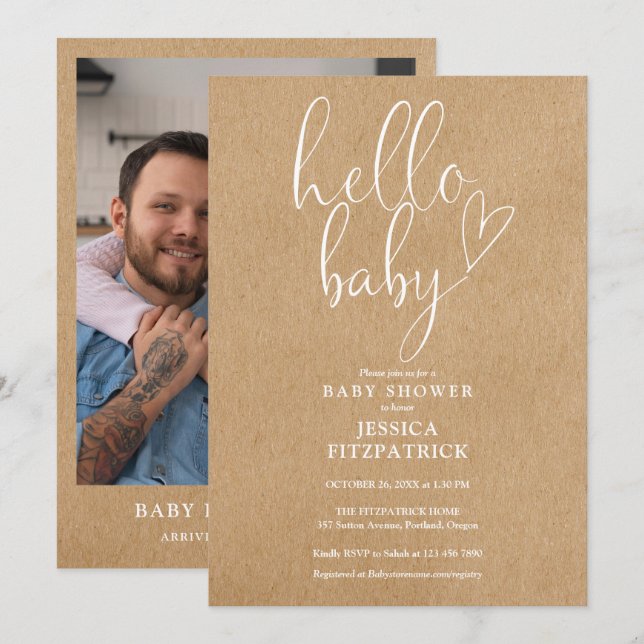 Invitación Hola Bebé Rústico Kraft Foto Baby Shower (Anverso / Reverso)