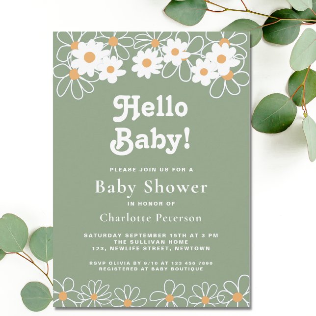 Invitación Hola bebé Sexo Neutral Daisy Green Baby Shower (Subido por el creador)