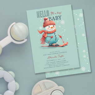 Invitación Hola bebé Snowman Skiter Winter Boy Baby Shower