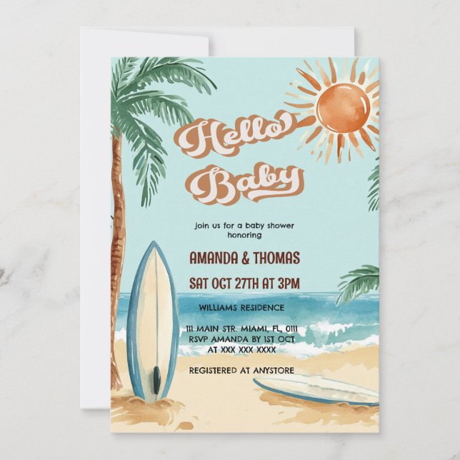 Invitación Hola Bebé Tabla de Surf Baby Shower (Anverso)