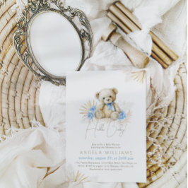Invitación Hola bebé Teddy Bear Boho Blue Boy Baby Shower