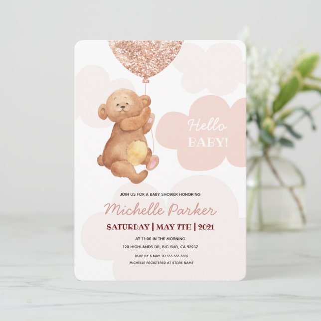 Invitación Hola bebé Teddy Bear Nubes rosadas Baby Shower (Anverso de pie)