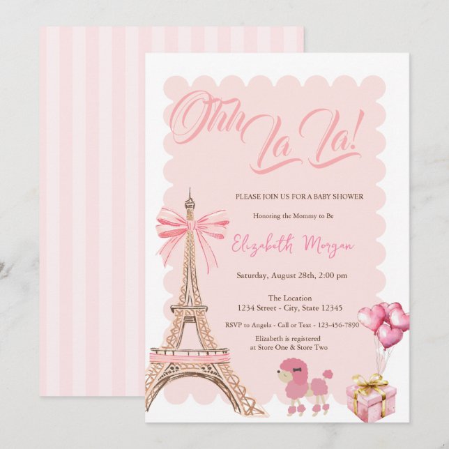 Invitación Hola Bebé Torre Eiffel Arco Rayado Shower de Bebé (Anverso / Reverso)
