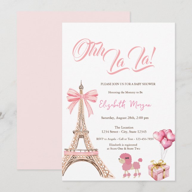 Invitación Hola Bebé Torre Eiffel Lazo Rosa Regalo Caniche (Anverso / Reverso)