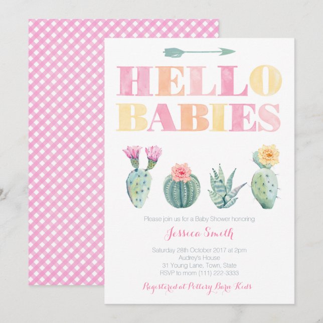 Invitación ¡Hola bebés! Baby Shower de los mellizos de Cactus (Anverso / Reverso)