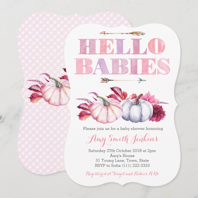 Invitación ¡Hola bebés! Chicas gemelos Calabaza Fiesta de Bab (Anverso / Reverso)
